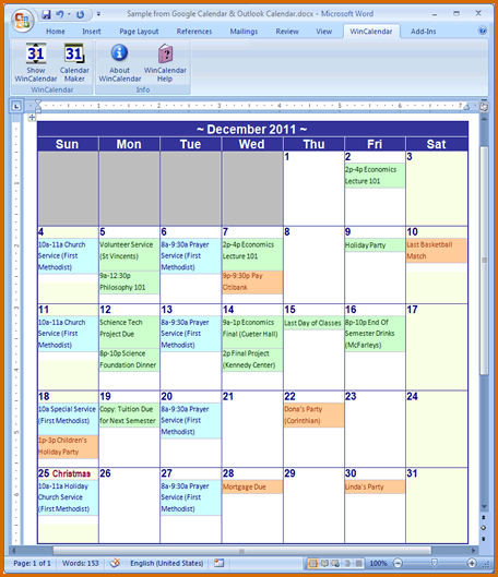Microsoft Word Calendar Template